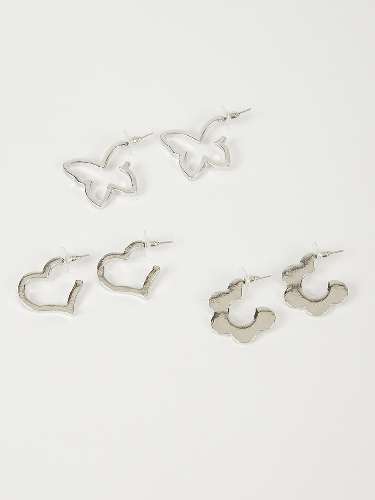 Misbu Silver Heart, Daisy and Butterfly Earrings - Set of 3