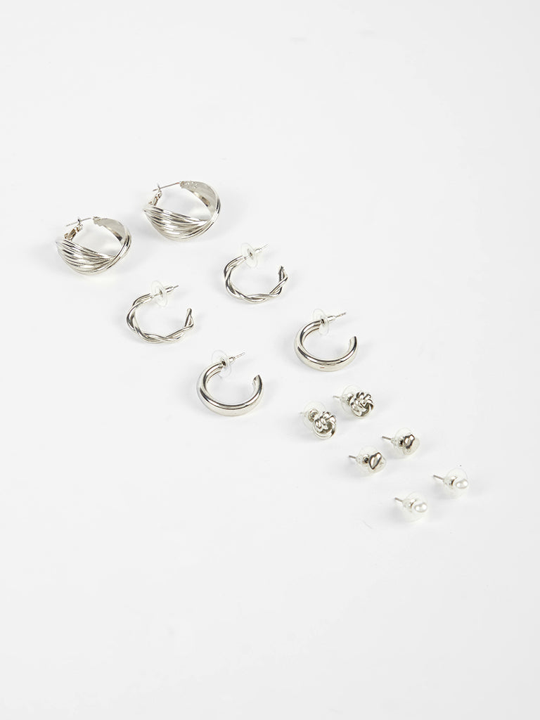 Misbu Twisted, Wired and Flat Silver Hoop with Studs - Set of 6