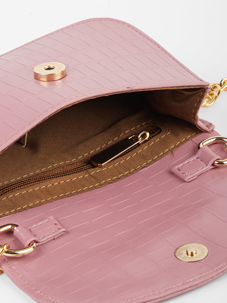 Misbu Pink Croc Texture Square Sling Bag