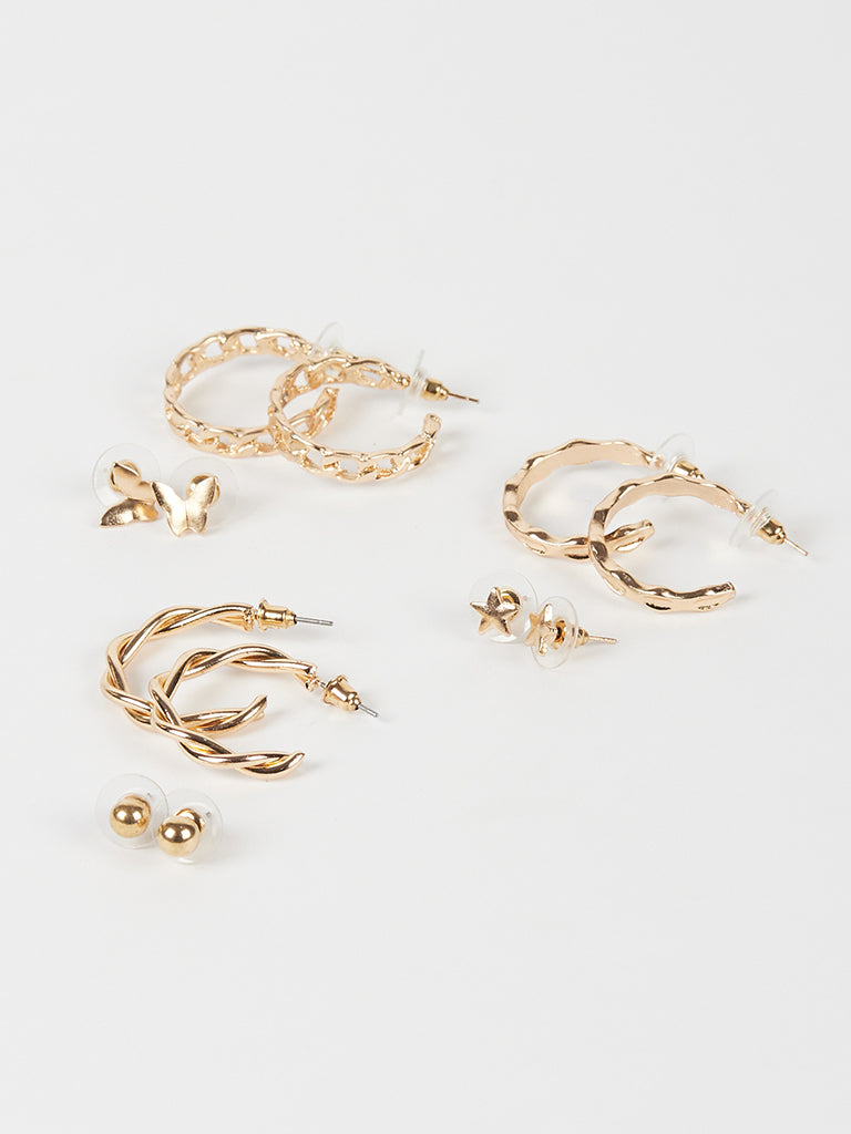 Misbu Gold Twisted & Link Chain Hoops with Studs - Set of 6