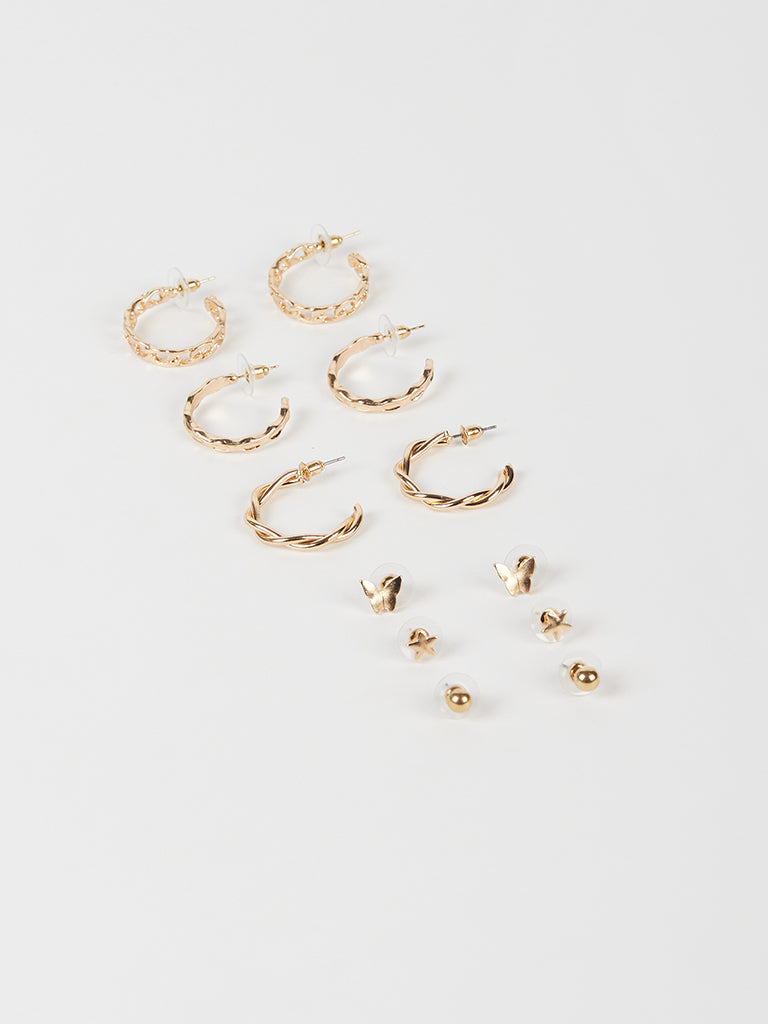 Misbu Gold Twisted & Link Chain Hoops with Studs - Set of 6