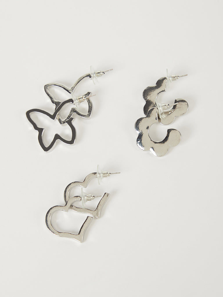 Misbu Silver Heart, Daisy and Butterfly Earrings - Set of 3