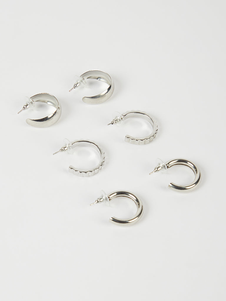 Misbu Silver Grooved and Flat Surface Hoop - Set of 3