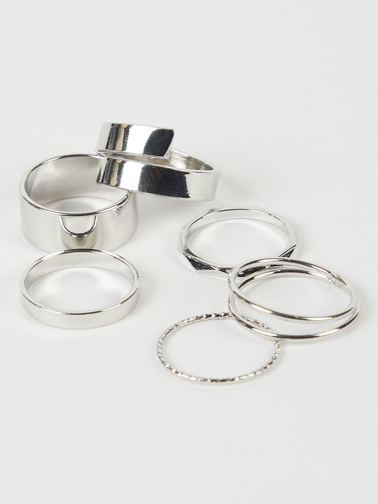 Misbu Broad and Thin Plain Silver Bands with Stones - Set of 7 Rings