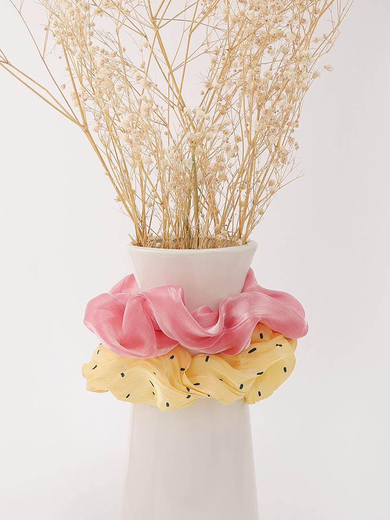 Misbu Yellow & Pink Floral Organza Scrunchies - Set of 2