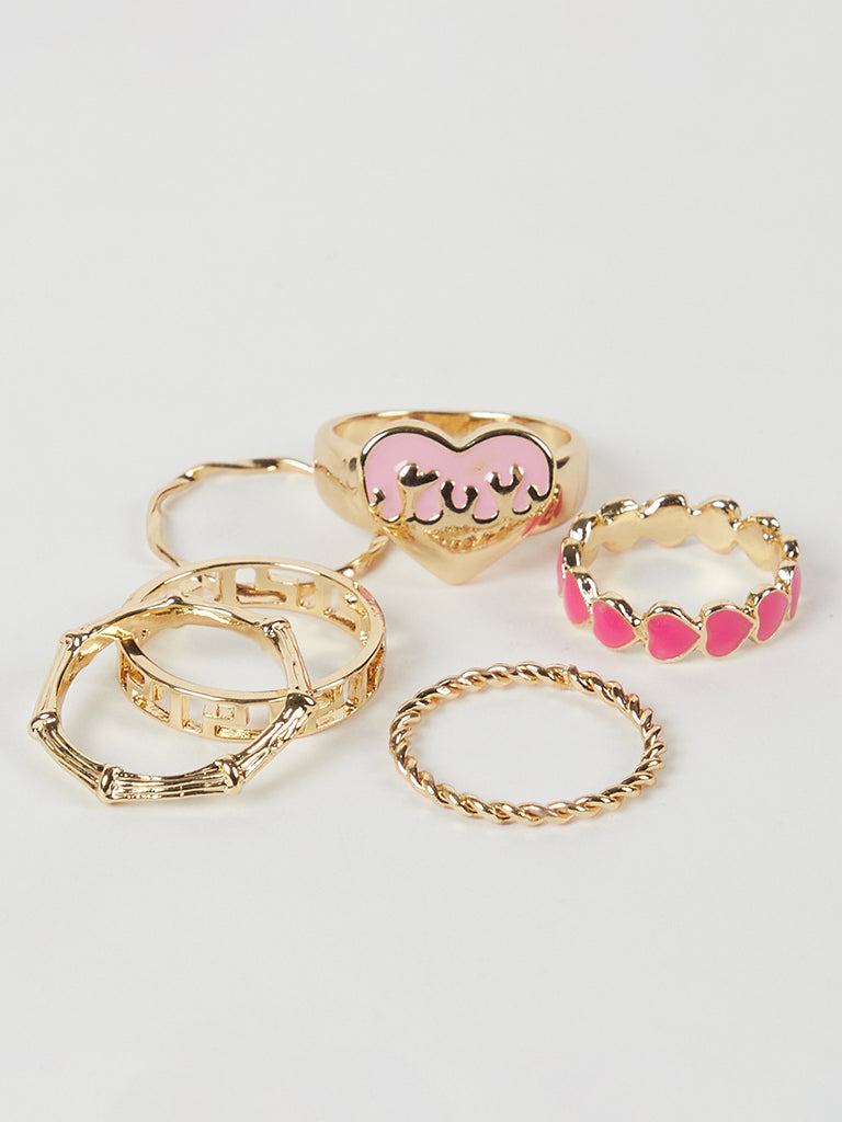 Misbu Heart Twisted and Wavy Gold Rings - Set of 6