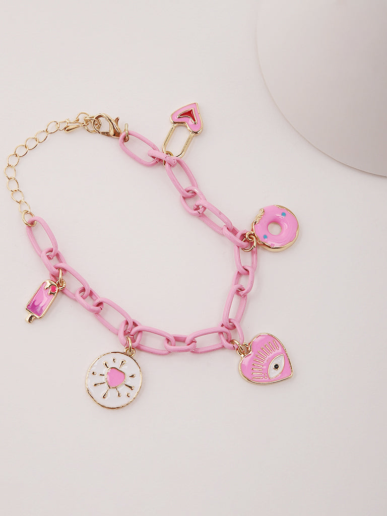 Misbu Link Bracelet with Heart and Doughnut Pink Charm