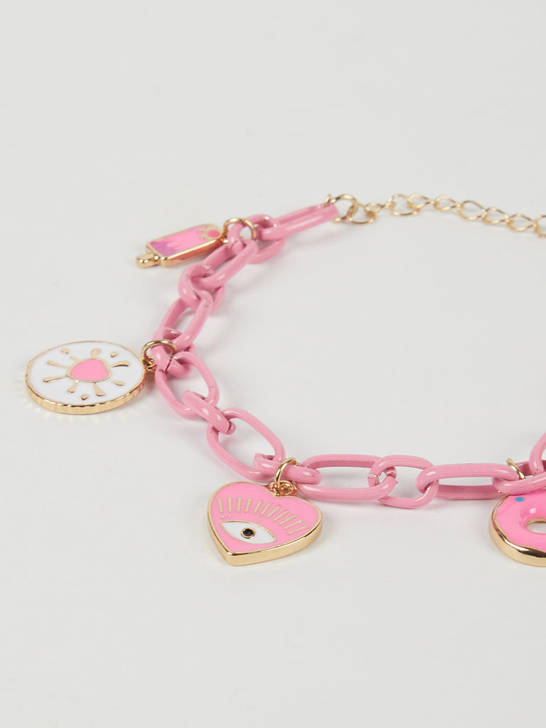Misbu Link Bracelet with Heart and Doughnut Pink Charm