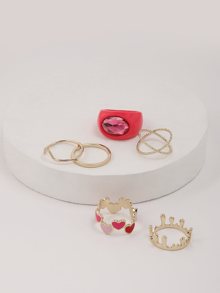 Misbu Pink Stone Enamelled Hearts and Crisscross Rings - Set of 6