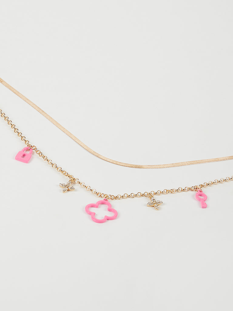 Misbu 2 Layer Necklace with Pink Snake and Link Chains
