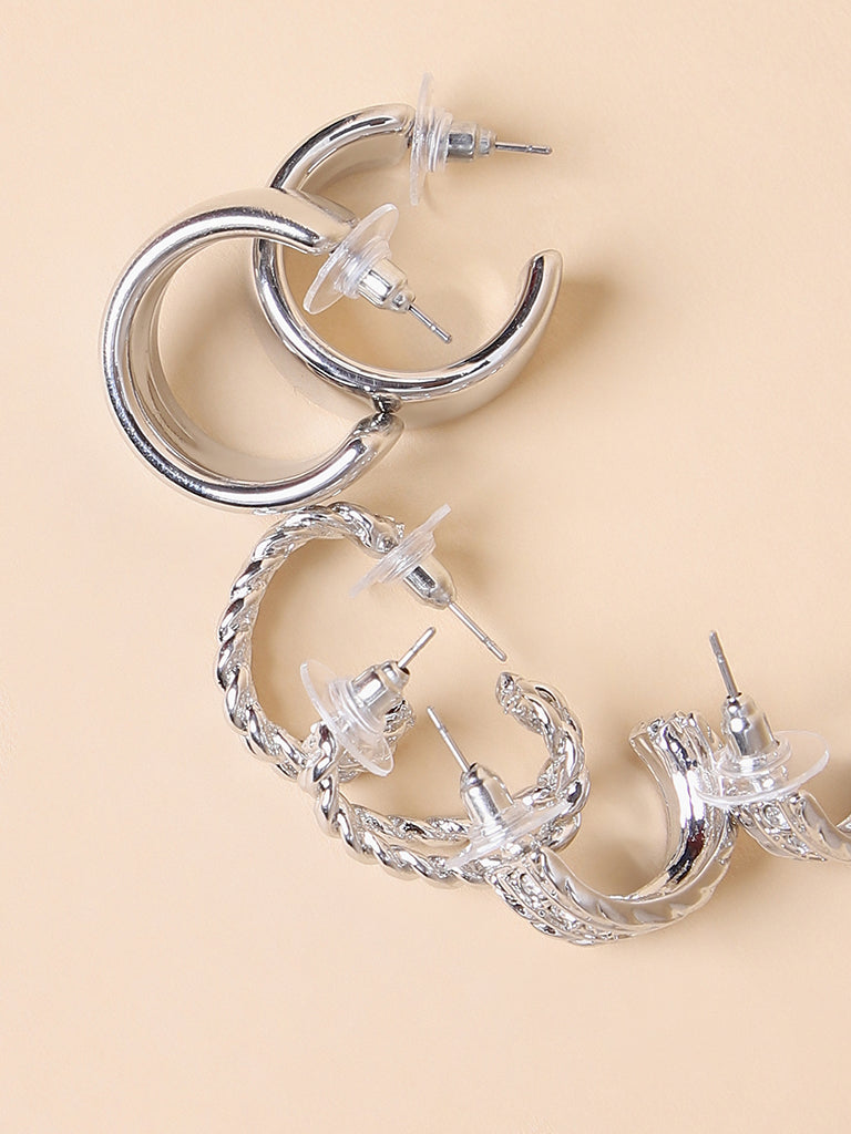 Misbu Silver Twisted Split And Flat Hoops With Stones- Set Of 6