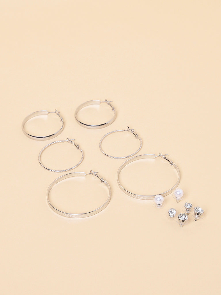 Misbu Silver Flat, Textured & Plain Hoops With Studs- Set Of 6