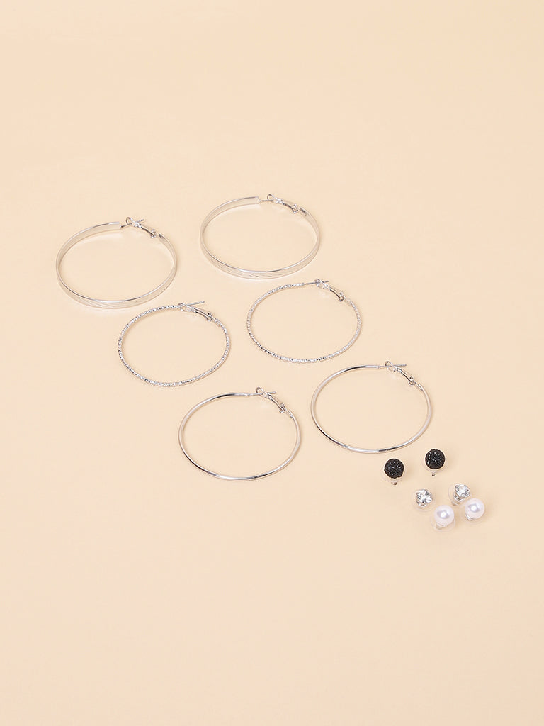 Misbu Silver Textured Flat & Plain Hoops With Studs- Set Of 6